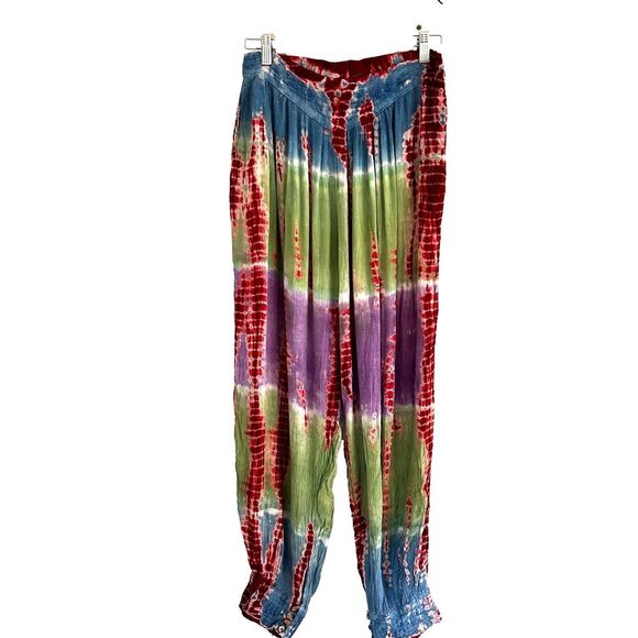 Boho Tie Dye Pants Wide Leg Jogger Pockets Colorful Free Size OS Viscose Hippie - Picture 2 of 11